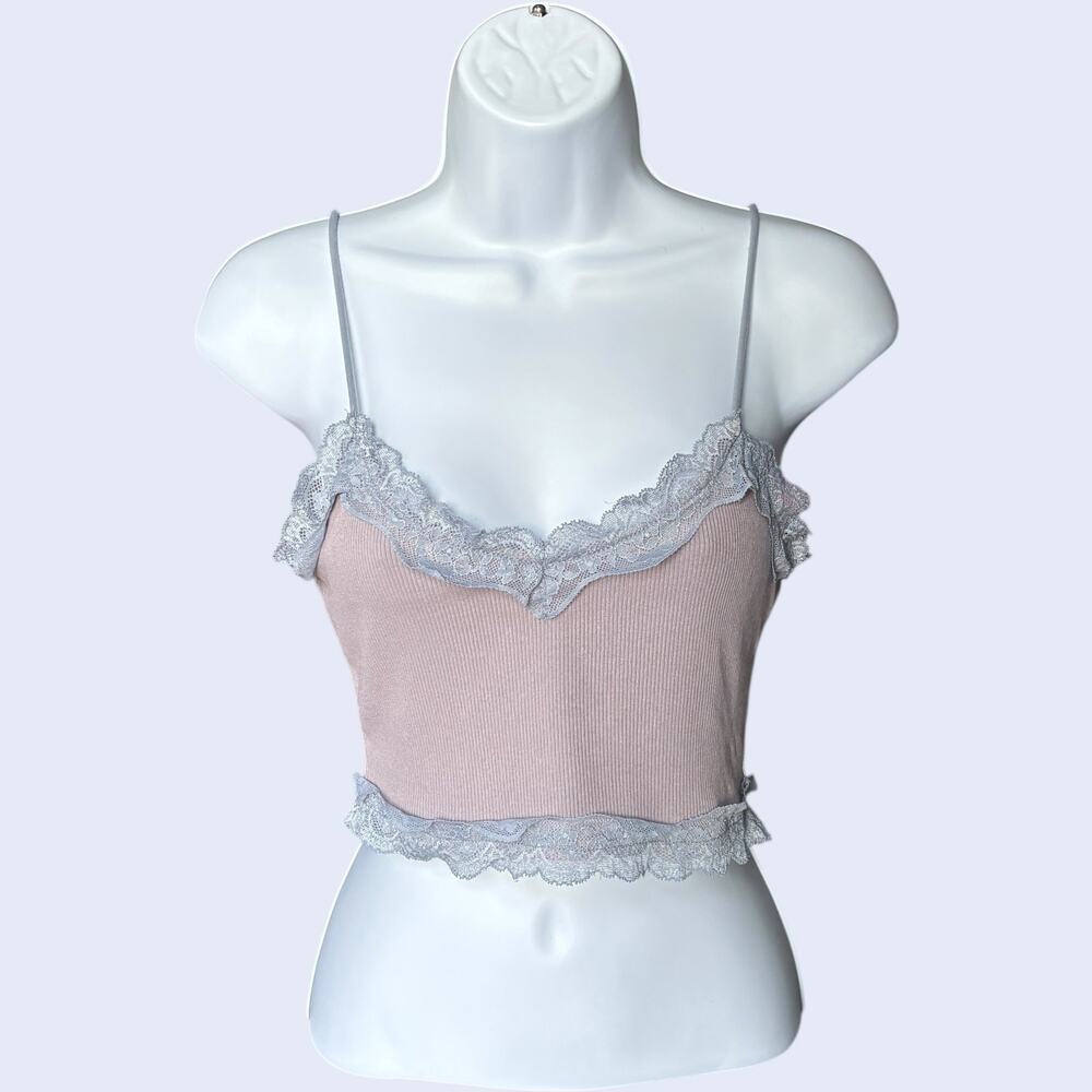 SHEIN lace trim ribbed cami crop top pink blue, slim fit coquette y2k, size S